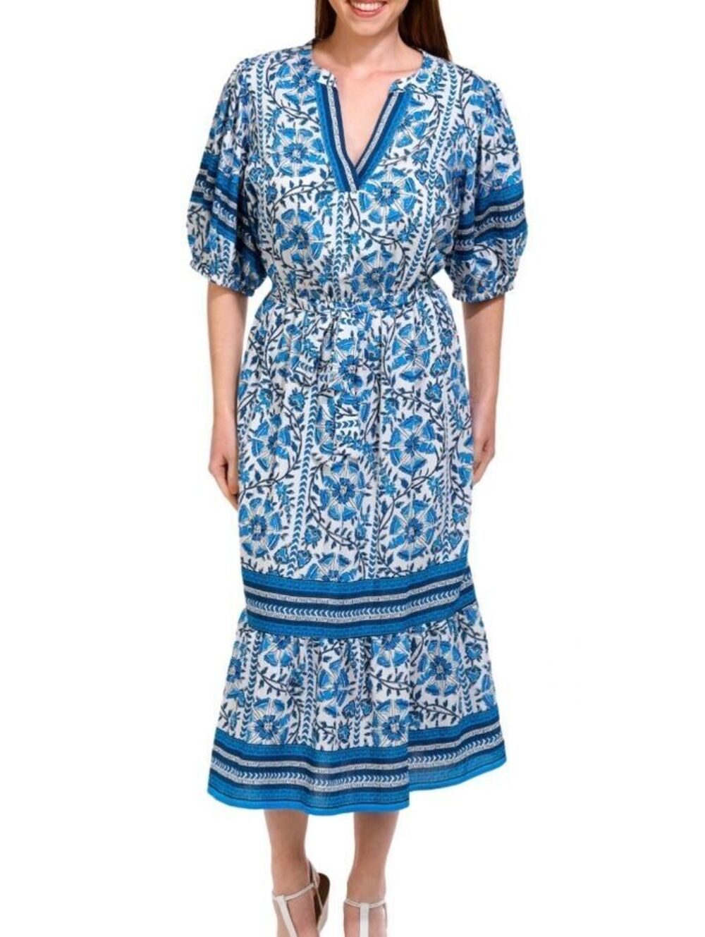 Fig & Flower Blue White Block Print Puff Sleeve Maxi Dress PS
